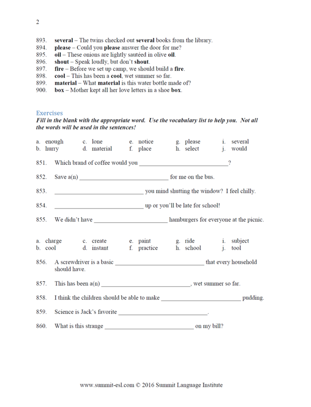 Summit Language Institute 1000 Common English Words Workbook 