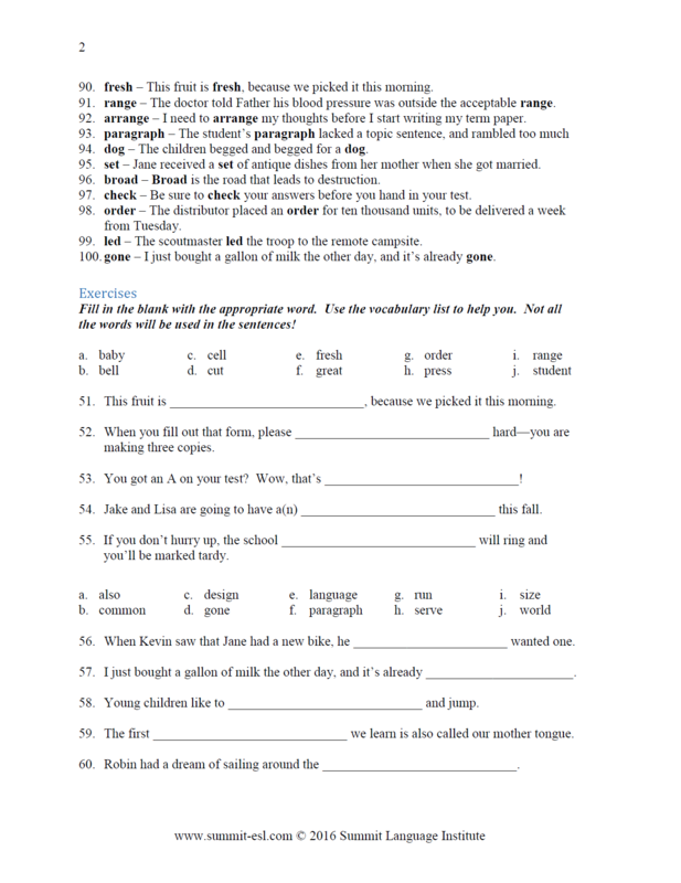 Summit Language Institute 1000 Common English Words Workbook 